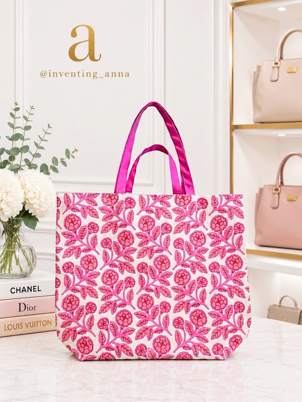 GOOSEBERRY MOON Oversize Pink Floral Canvas Tote w/Water Resistant Interior